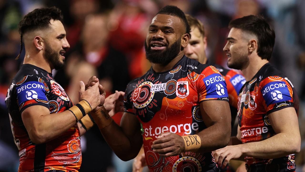 Mikaele Ravalawa snared an early double for the Dragons. Picture: Cameron Spencer/Getty Images