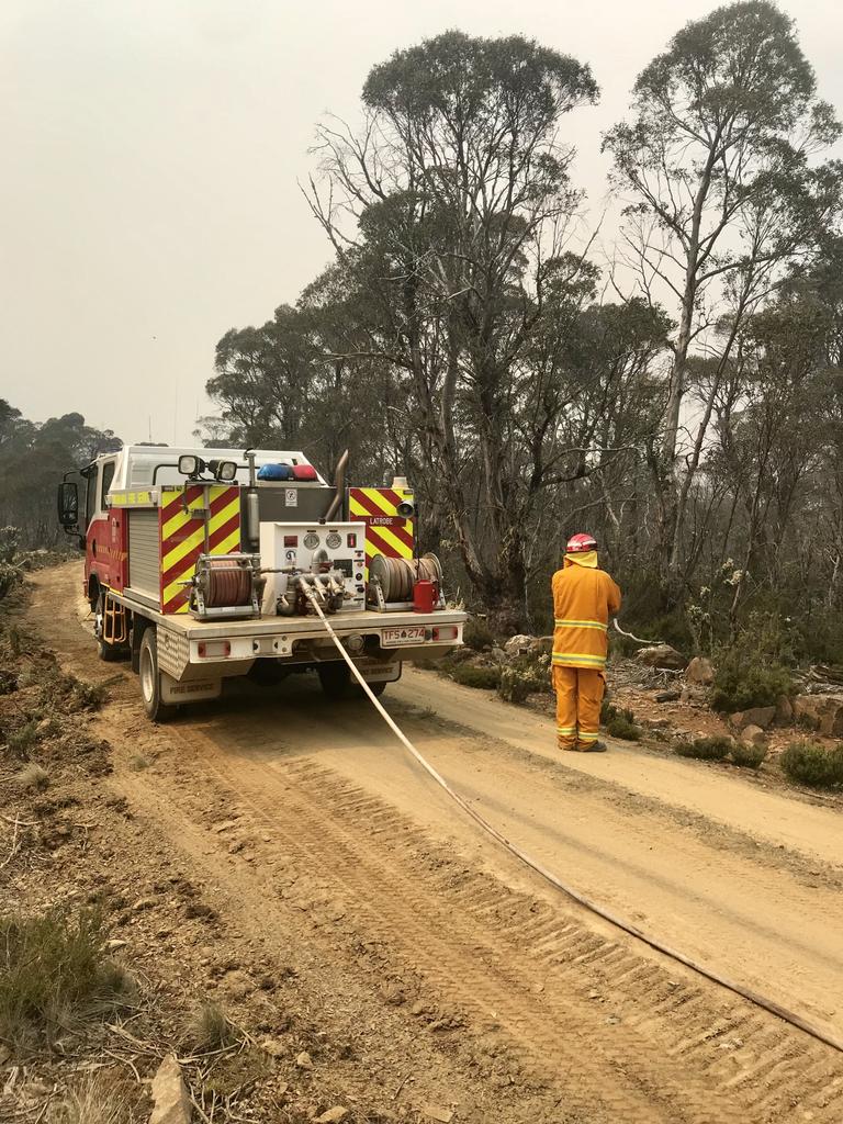 Firefighters at work battling blazes in Tasmania's Central Highlands. Picture: Tara Felts