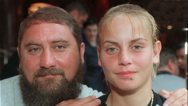 Damir Dokic with her daughter tennis player Jelena Dokic at Australian Open tournament press conference in Melbourne, 2000.