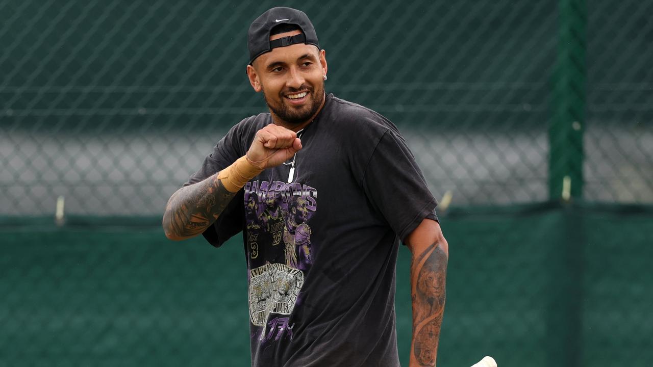 Kyrgios was hitting with other players at Wimbledon this year as he slowly recovered from a debilitating wrist injury. Picture: Clive Brunskill / Getty Images