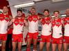 Swans players sing their team song in the rooms after winning AFL match between the Sydney Swans and St.Kilda Saints at the SCG. Picture. Phil Hillyard