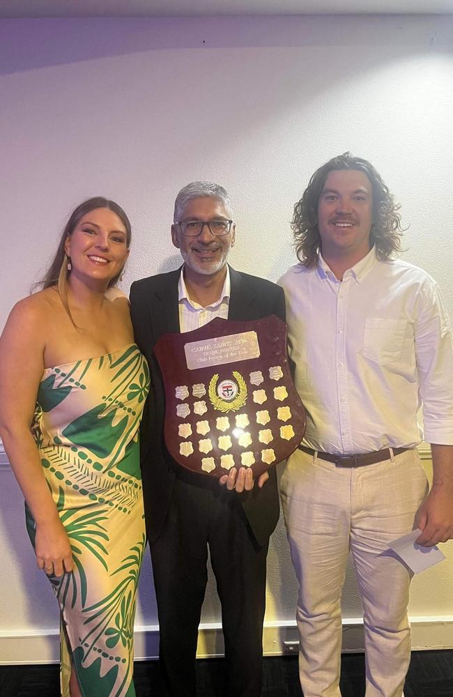 Sumant 'Sumo' Narula, a beloved water runner at Cairns Saints Football Club, has tragically lost his battle with cancer. Here he is pictured with Brittany Gliddon and Kale Triplett, who are organising a fundraiser to support Sumo's family. Picture: Supplied