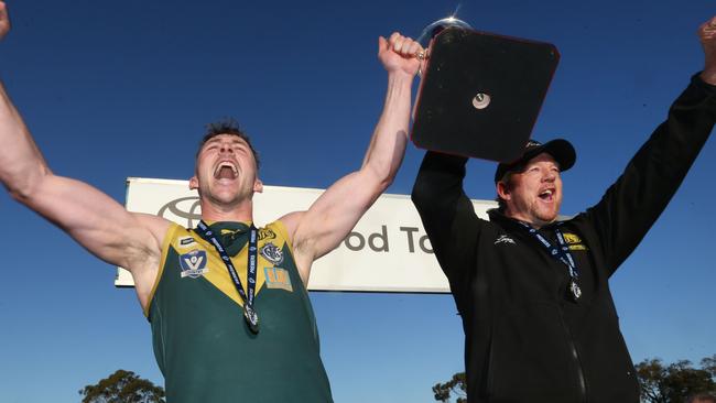 Football GFL Grand Final: South Barwon v LeopoldLeopold winners with 3 captain Marcus Thompson and  coach Garry Hocking with cupPicture: Mark Wilson