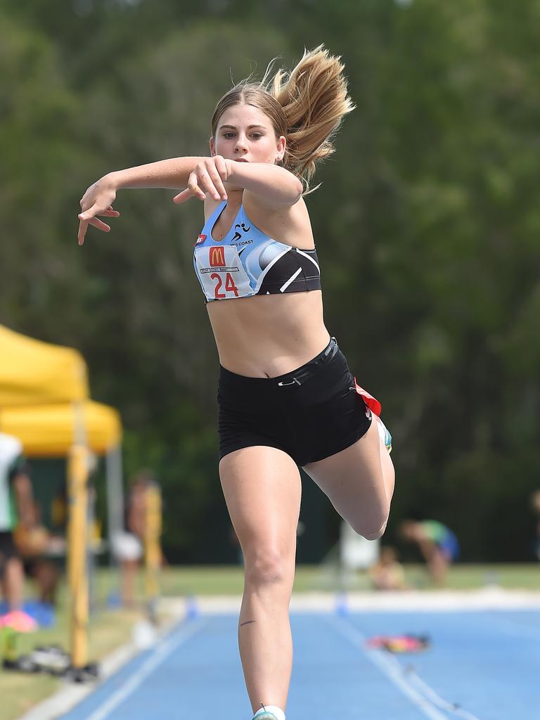 South Coast Little Athletics Titles at Pizzey Park in Miami. Girls U15 triple jump contestants. Sianie Brennan Gold Coast Lac. Picture: Lawrence Pinder