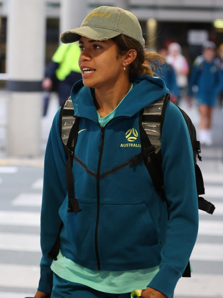 Mary Fowler lands in Brisbane Tuesday ahead of Saturday’s match. Pictures: Nigel Hallett