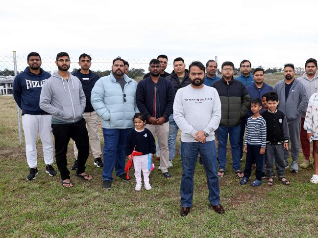 JUNE 2, 2024: Aravind Vijay (Centre, gray top) and locals pictured in Box Hill, where the community is campaigning to get the state government to build a new school. Aravind confronted Education Minister Prue Car about the issue at Future Western Sydney and she promised to help.Picture: Damian Shaw