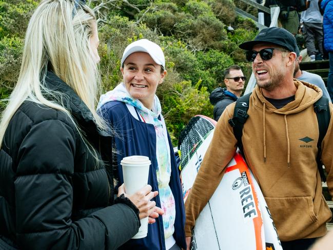 BELLS BEACH, VICTORIA, AUSTRALIA - APRIL 12: Ash Barty, Tennis World No.1 and 3x Grand Slam Champion and Three-time WSL Champion Mick Fanning of Australia, at the Rip Curl Pro Bells Beach on April 12, 2022 at Bells Beach, Victoria, Australia (Photo by Aaron Hughes/World Surf League)