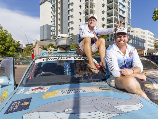 From Hayman Island, Arpad Romandy and Ben Matters travelled 3342kms in a 1991 Cressida which they paid $1000 for. Picture: Floss Adams.