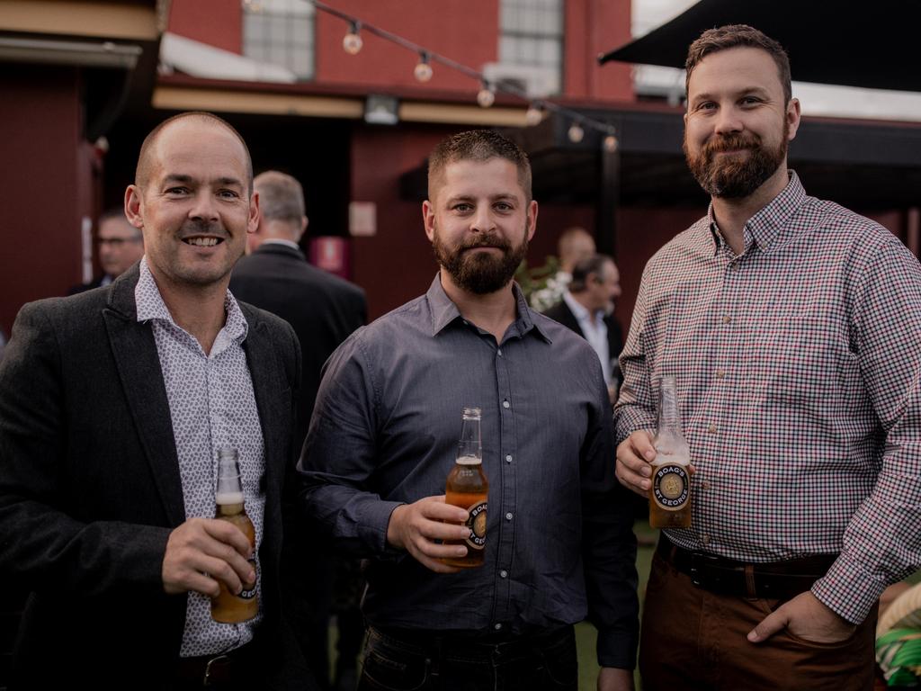 Josh Mulholland, left, Eugine Panevin and Nathan Groves, all of Launceston, at the the relaunch of Boag’s St George beer. Picture: ROSIE HASTIE