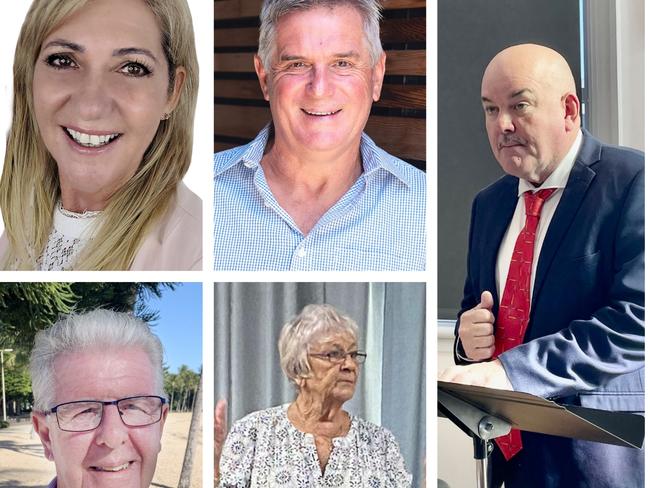 Whitsunday Regional Council 2022 mayoral by-election candidates: Julie Hall (top left), Phil Batty (bottom left), Al Grundy (top right), Jan Clifford (bottom right) and Mike Brunker (right). Not shown: Peter J Hood. Picture: Contributed