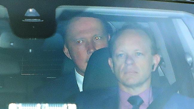 Peter Dutton in the back seat arriving at Parliament House in Canberra today. Picture: Kym Smith