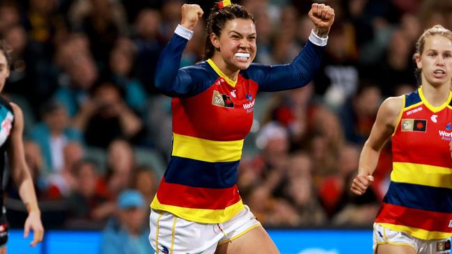 Anne Hatchard celebrates a goal during the first ever Showdown contest between the Adelaide Crows and Port Adelaide. Picture: James Elsby/AFL Photos via Getty Images