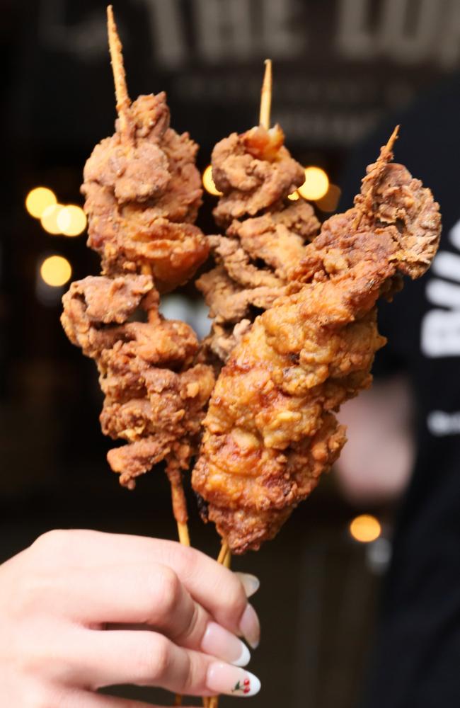 Deep fried bacon on a stick from Bacon Head. Picture: Jenifer Jagielski