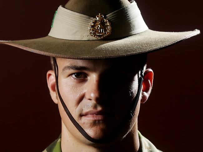 Anzac Day. Private Scott Gray is part of the Ready Battle Group at Enogerra Gallipoli Barracks. Pic Mark Calleja