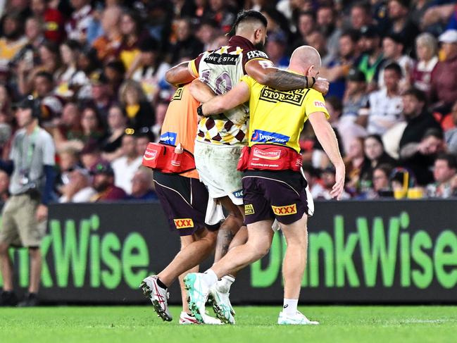 Broncos and NSW Blues fans were fearing for the worst when Payne Haas had to be assisted from the field, but were shocked when he came back to the field not long after. Picture: Getty Images