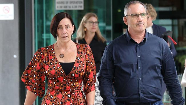 Sue and Lloyd Clarke leaving at the pre-inquest hearing for the Hannah Clarke and Rowan Baxter case. Picture: Liam Kidston