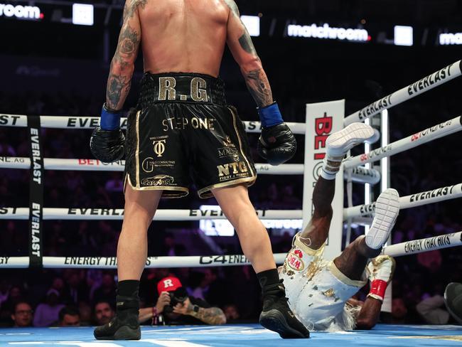 With RG on his trunks, Paro knocked out Montana Love to earn a shot at the world title. Picture: Ezra Shaw/Getty Images