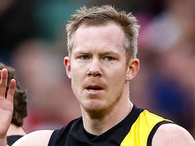 MELBOURNE, AUSTRALIA - JULY 30: Jack Riewoldt of the Tigers celebrates a goal with teammates during the 2023 AFL Round 20 match between the Richmond Tigers and the Melbourne Demons at Melbourne Cricket Ground on July 30, 2023 in Melbourne, Australia. (Photo by Dylan Burns/AFL Photos via Getty Images)