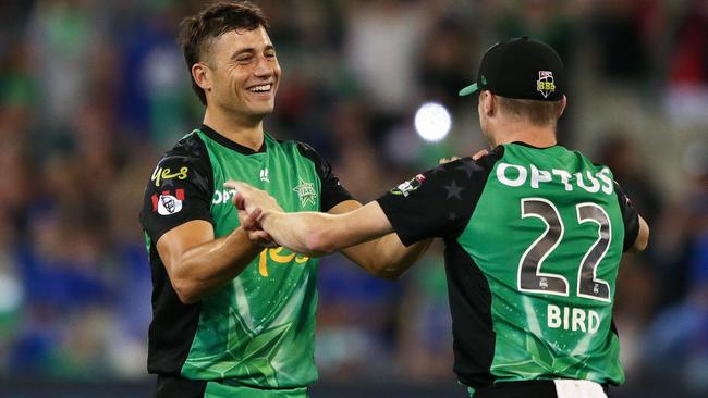 Marcus Stoinis celebrates a wicket with teammate Jackson Bird. Picture: AAP