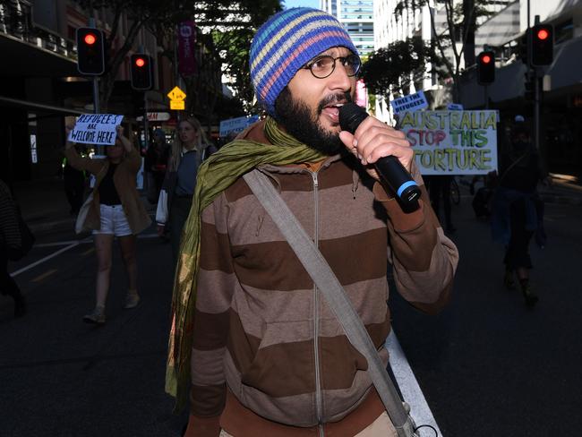 Greens councillor Jonathan Sri leads a pro-refugee protest in Brisbane’s CBD this morning. Picture: Dan Peled/NCA NewsWire