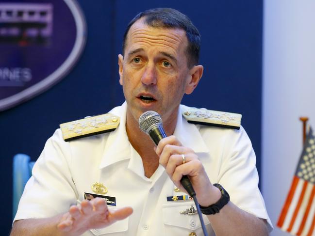 Adm. John Richardson, chief of Naval Operations of the U.S. Navy, speaks during a news conference with Philippine Armed Forces Chief Gen. Carlito Galvez Jr., following their meeting Monday, Oct. 29, 2018 at Camp Aguinaldo in suburban Quezon city, northeast of Manila, Philippines. The U.S. Navy will continue patrolling the disputed South China Sea even after a Chinese destroyer came dangerously close to one of its ships during a "freedom of navigation" sail-by near a contested reef. (AP Photo/Bullit Marquez)