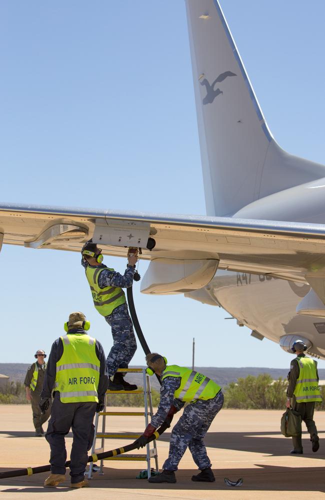 Post flight maintenance, including refuelling, is conducted on a Royal Australian Air Force No. 11 Squadron P-8A during Operation Resolute. Picture: Defence