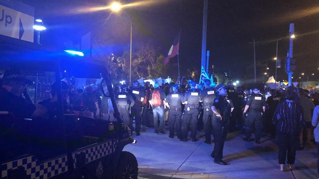 ‘STOLENWEALTH’ Games indigenous protesters at Carrara Stadium for the Commonwealth Games Opening Ceremony. Picture: Britt Ramsey