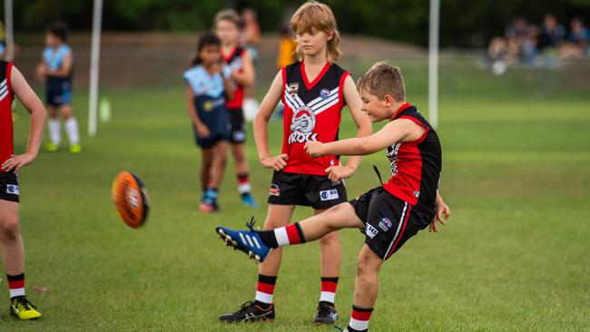 Under-10s compete in the first Darwin Buffaloes NTFL home game against Southern Districts at Woodroffe Oval. Picture: Pema Tamang Pakhrin