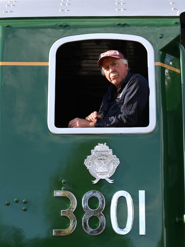 Transport Heritage NSW Heritage fleet maintenance worker Bernie McTackett with Australian built Locomotive 3801 at the NSW Rail Museum in Thirlmere. Picture: Dylan Coker