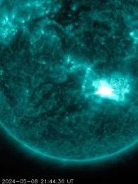 NASA’s Solar Dynamics Observatory captured this image of a solar flare. The image is colourised in teal. Credit: NASA/SDO