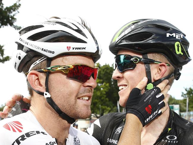 Australian Road Cycling Championships in Buninyong. Jack Bobridge gets congratulated by 2nd placed getter Cameron Meyer after he soloed to victory in todays roadrace. Pic: Michael Klein. Sunday, January 10, 2016.