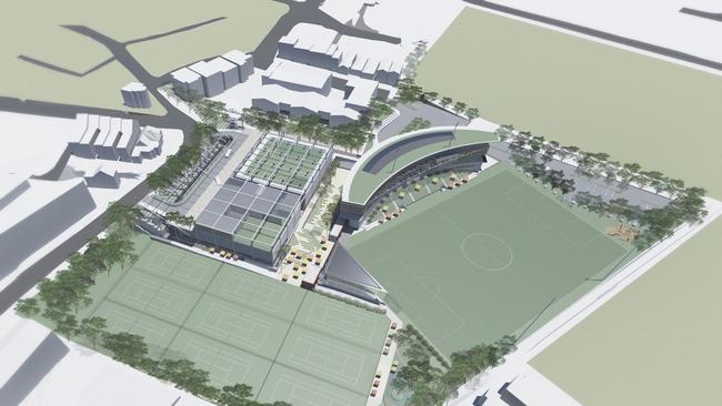 What the White City development will look like after the $45 million makeover. It will have a new grandstand, soccer field, tennis courts and sports building.