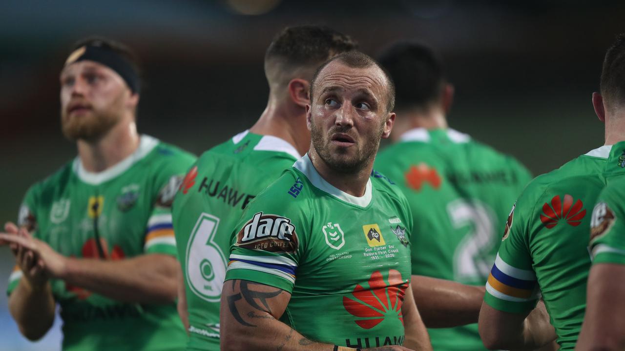 Canberra's Josh Hodgson looks on after a Manly try