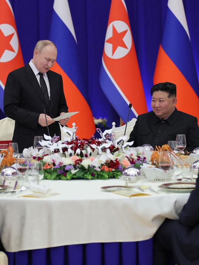 Vladimir Putin speaks during his welcoming reception in Pyongyang. Picture: KCNA/AFP.