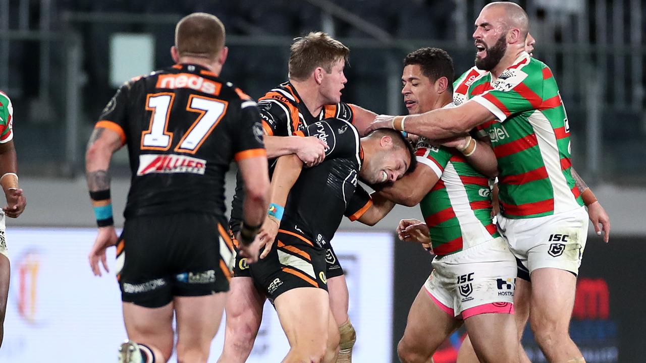 Luke Brooks and Dane Gagai got into a scuffle. (Photo by Cameron Spencer/Getty Images)