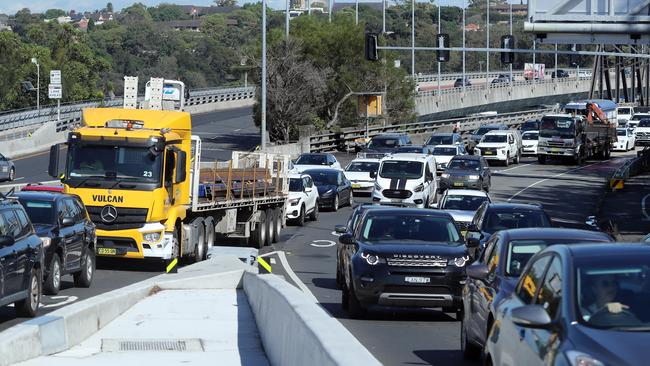 Commuter traffic coming off the Iron Cove Bridge on Victoria Rd at Rozelle, heading in to the city. Traffic has been in chaos with commuters adapting to road changes since the opening of the Rozelle Interchange. Picture: Richard Dobson