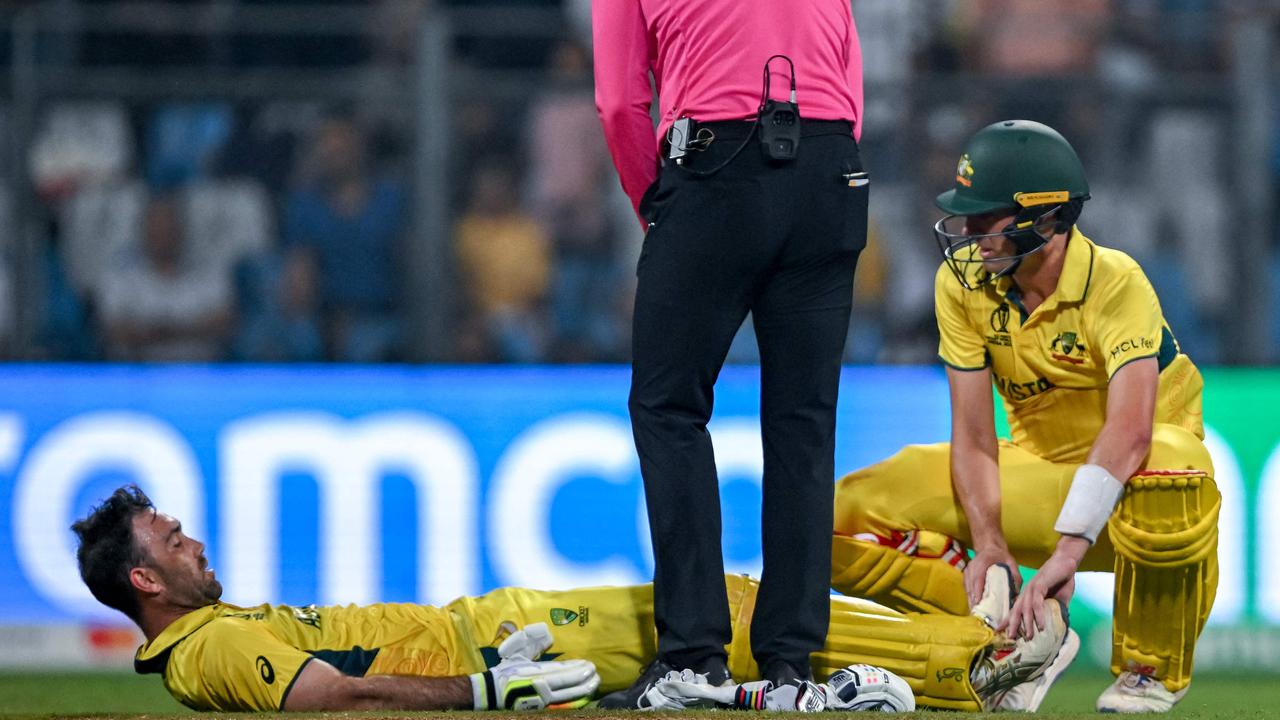 Glenn Maxwell struggled with cramp during his innings of 201. Picture: INDRANIL MUKHERJEE / AFP