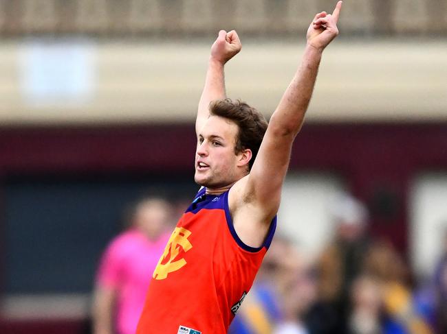 Ted Clayton celebrates a goal for Fitzroy. Picture: Josh Chadwick