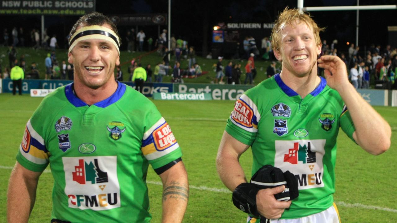 Josh Miller (left) with Alan Tongue after a Raiders’ win at Penrith.