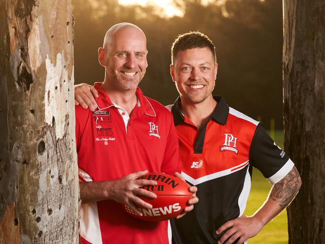 Club Chairman, Scott Charlton, and Ryan Rebbeck at football training in Para Hills, ahead of hosting a Breakthrough Mental Health round on August 29, Thursday, Aug. 27, 2020. Picture: MATT LOXTON