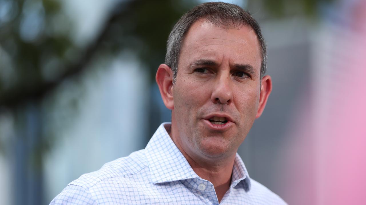 Federal Treasurer Jim Chalmers talks to media at South Bank in Brisbane on Sunday morning. Picture Lachie Millard