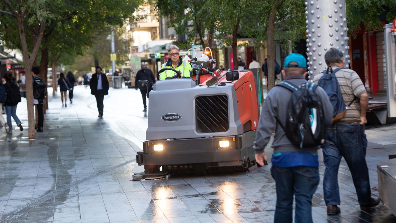 A street sweeper cleaning up Rundle Mall. Picture: Brett Hartwig