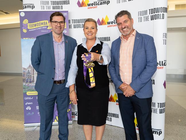 Toowoomba Mayor Geoff McDonald, Toowoomba Wellcamp Airport General Manager Kellie Banditt, Events Management Queensland CEO, Ben Mannion. Picture: Supplied