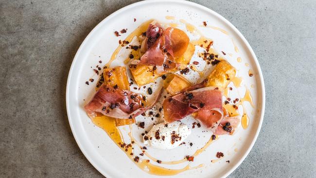 Savoury doughnut, jamon, Woodside goat's curd, chilli honey at Cremorne Hotel, Unley