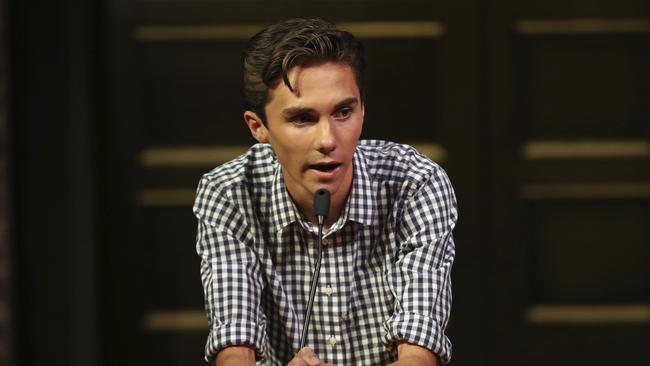 David Hogg, a student from Marjory Stoneman Douglas High School, addressing a community rally in Livingston, New Jersey on Sunday. Picture: AP