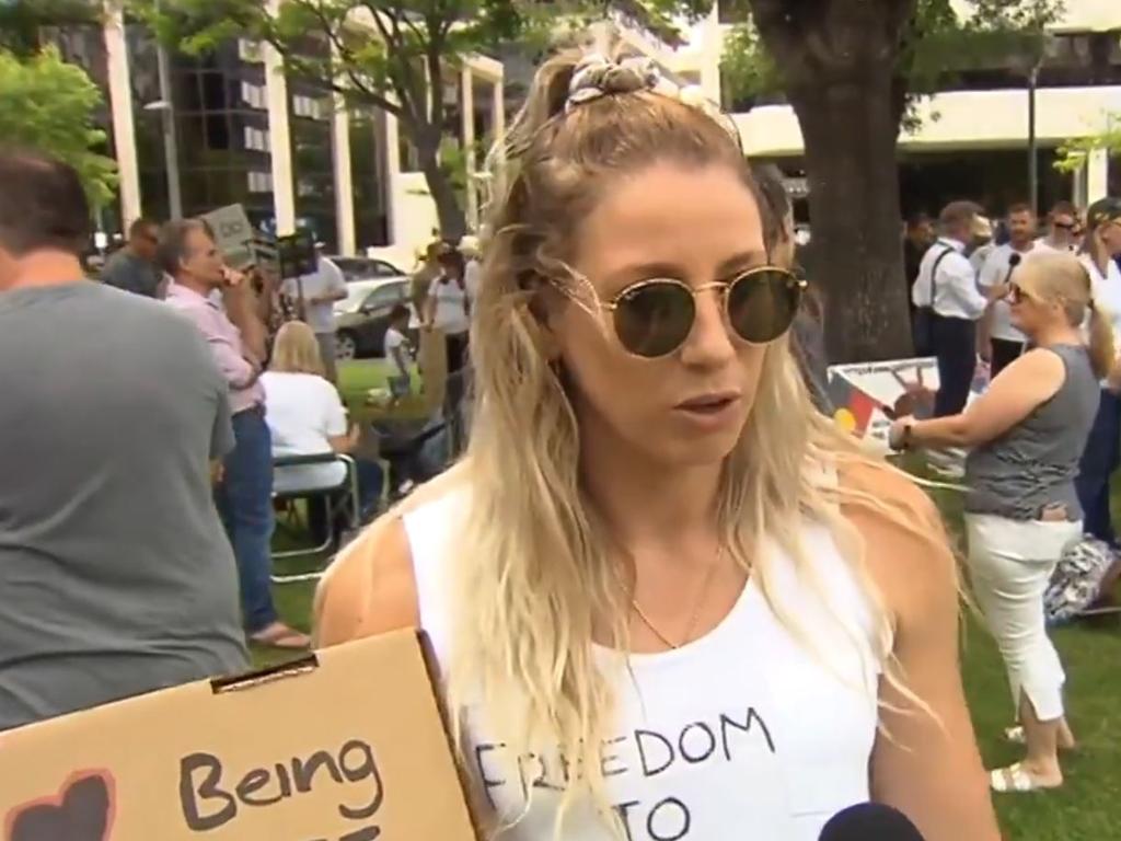 Adelaide AFLW player Deni Varnhagen protests against mandatory Covid-19 vaccinations for SA health workers. Picture: Supplied: 7 NEWS