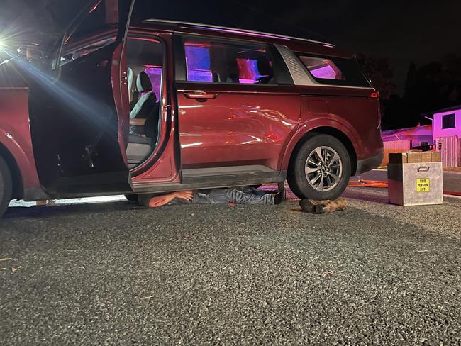 Mackay Emergency crews were called to a crash between a car and motorbike where the rider was trapped under a vehicle. Picture: Paul Brescia