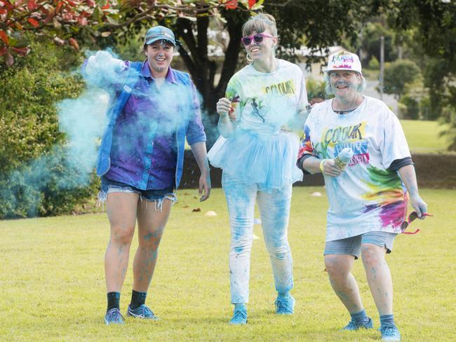 Brittany Nicolas from Rural View, Roxanne Richardson from West Mackay and Rebecca Wesson from Rural View at the Mackay Colour Run 2021. Picture: Michaela Harlow