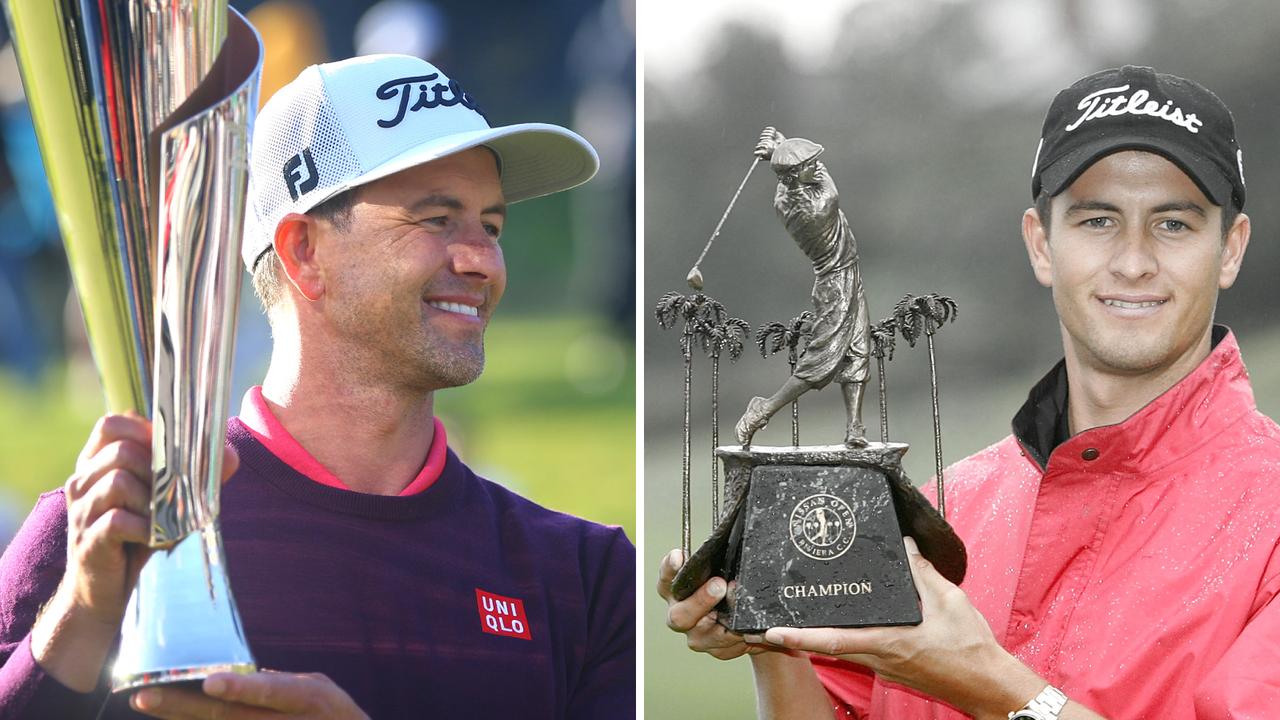 Adam Scott with the trophy in 2020, and the unofficial 2005 title.