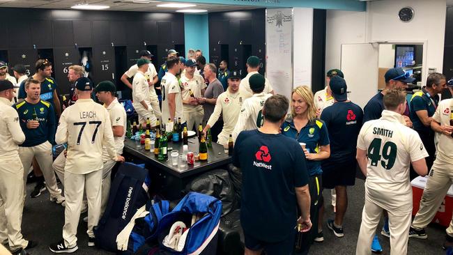 Australian and England players gather in the dressing room after the 2019 Ashes. Picture: Supplied